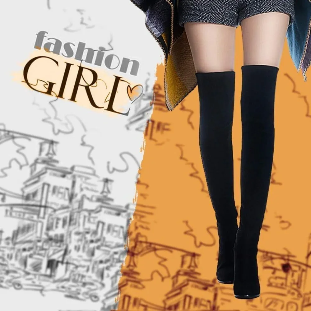 Women Black Pu Faux Suede Chunky Heel Stretch Over The Knee Thigh High Long Boot